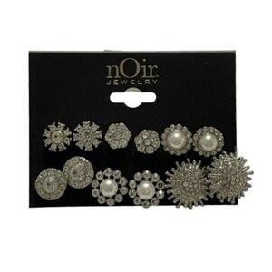 Noir Rhinestone Occasion Earring Set Silver Plated Brass Faux Pearls CZ 6 Pairs